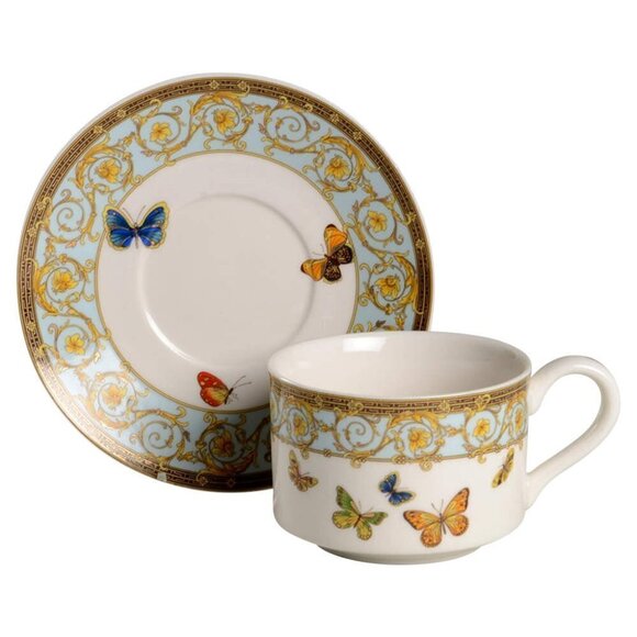 SET of 2 Flat Cup & Saucer Set Blue Butterfly by GRACE'S TEAWARE - Picture 2 of 9